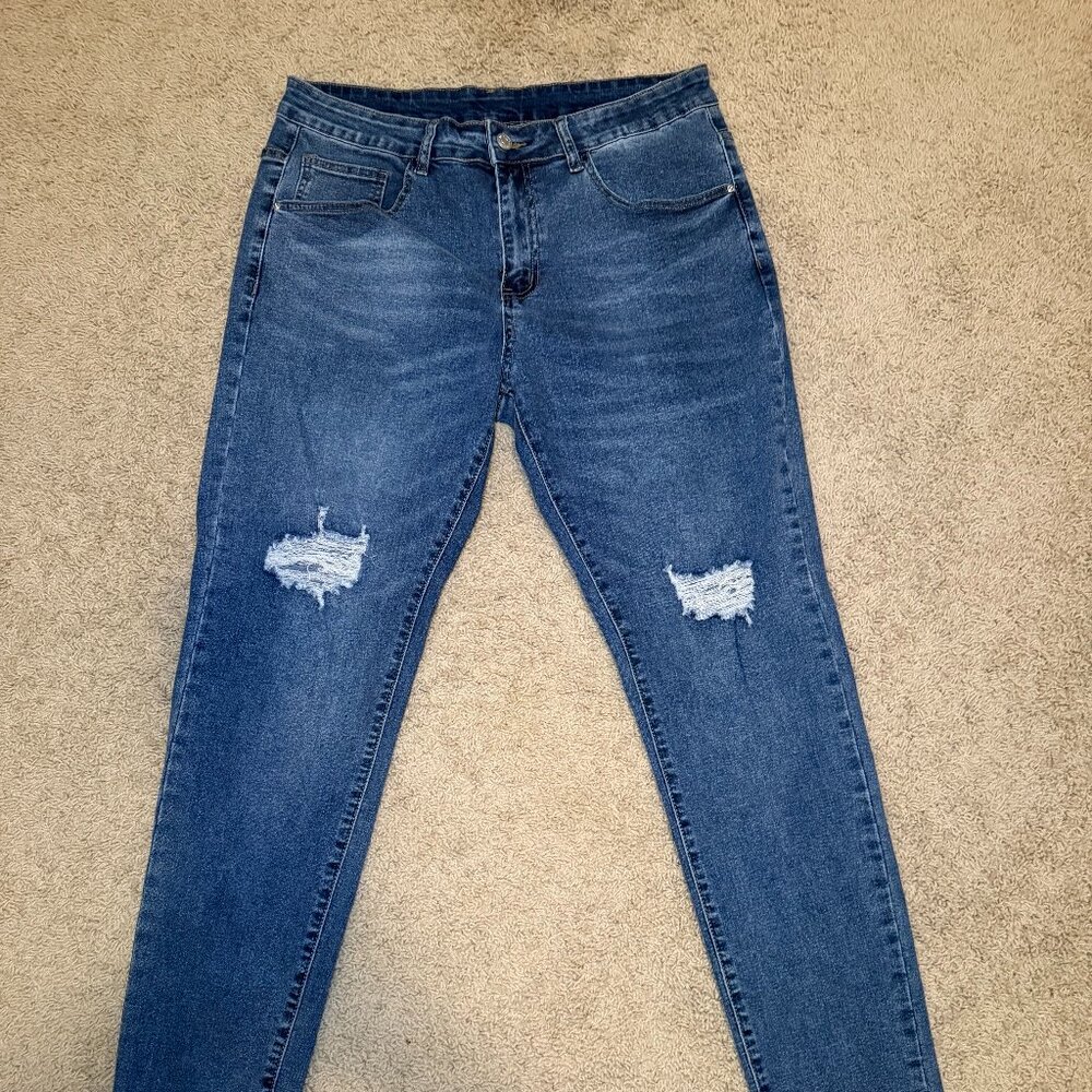 SHEIN Men’s L Distressed Skinny Jeans Blue Stretch Denim Ripped Knee Casual